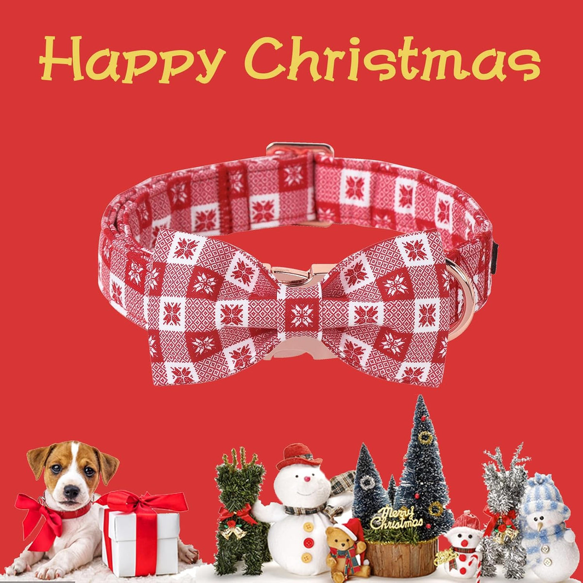 Unique Style Paws Christmas Day Dog Collar with Bow Christmas Red Papercut Cotton Puppy Collars for