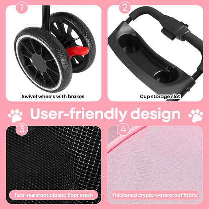 Pet Stroller,Dog Stroller for Small Medium Dogs Cats,3 Wheels,Foldable,with Breathable Mesh