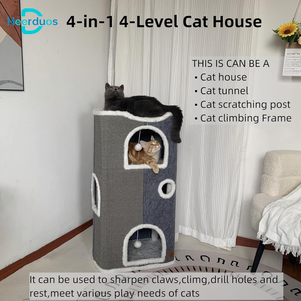 4-Level Cat House for Indoor Cats,Covered Cat Beds and Furniture with Scratch Pad,Hideaway Cave