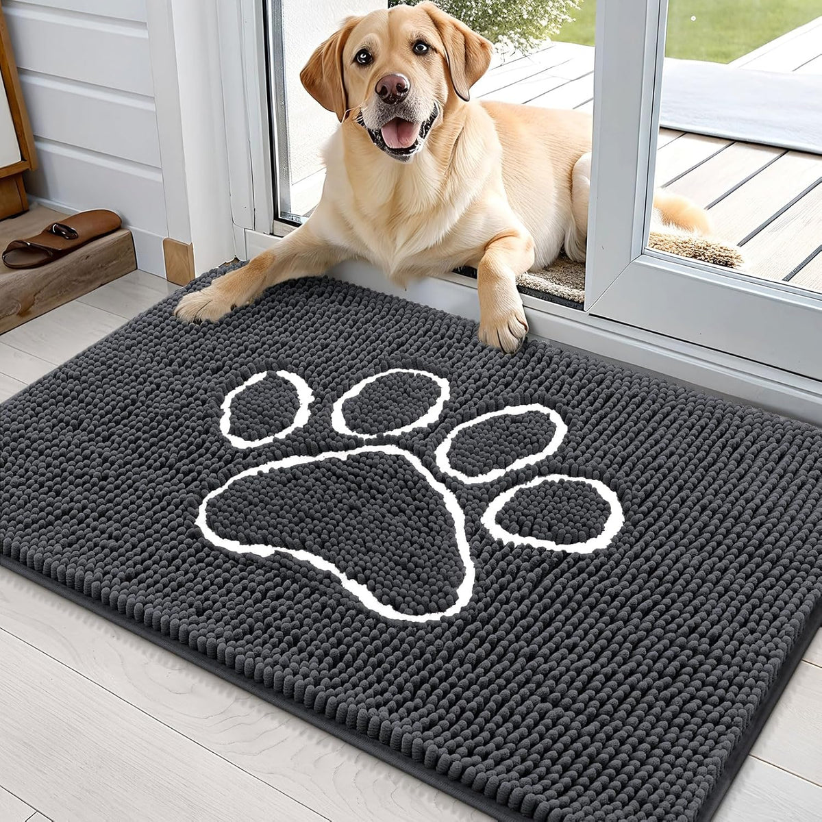 OLANLY Door Mat for Muddy Dog Paws 36x24, Ultra Absorbent Chenille Mud Doormat with Paw Print