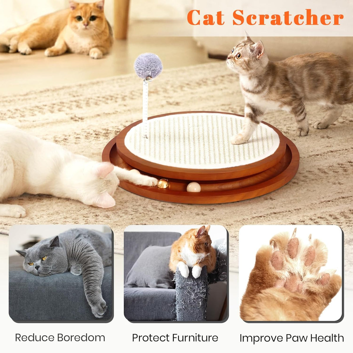 Cat Scratcher, Cat Cratch Sisal Pad with Wooden Roller Ball Toy, Cat Scratchers Interactive Toys