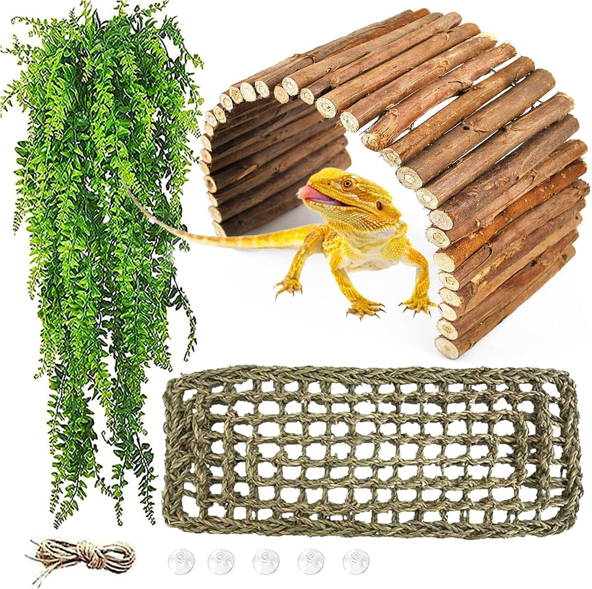 kathson Reptile Wooden Bridge,Bearded Dragon Hammock Decor Wood Reptile Hideout Hut Terrarium