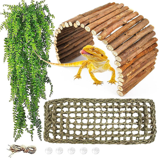 kathson Reptile Wooden Bridge,Bearded Dragon Hammock Decor Wood Reptile Hideout Hut Terrarium