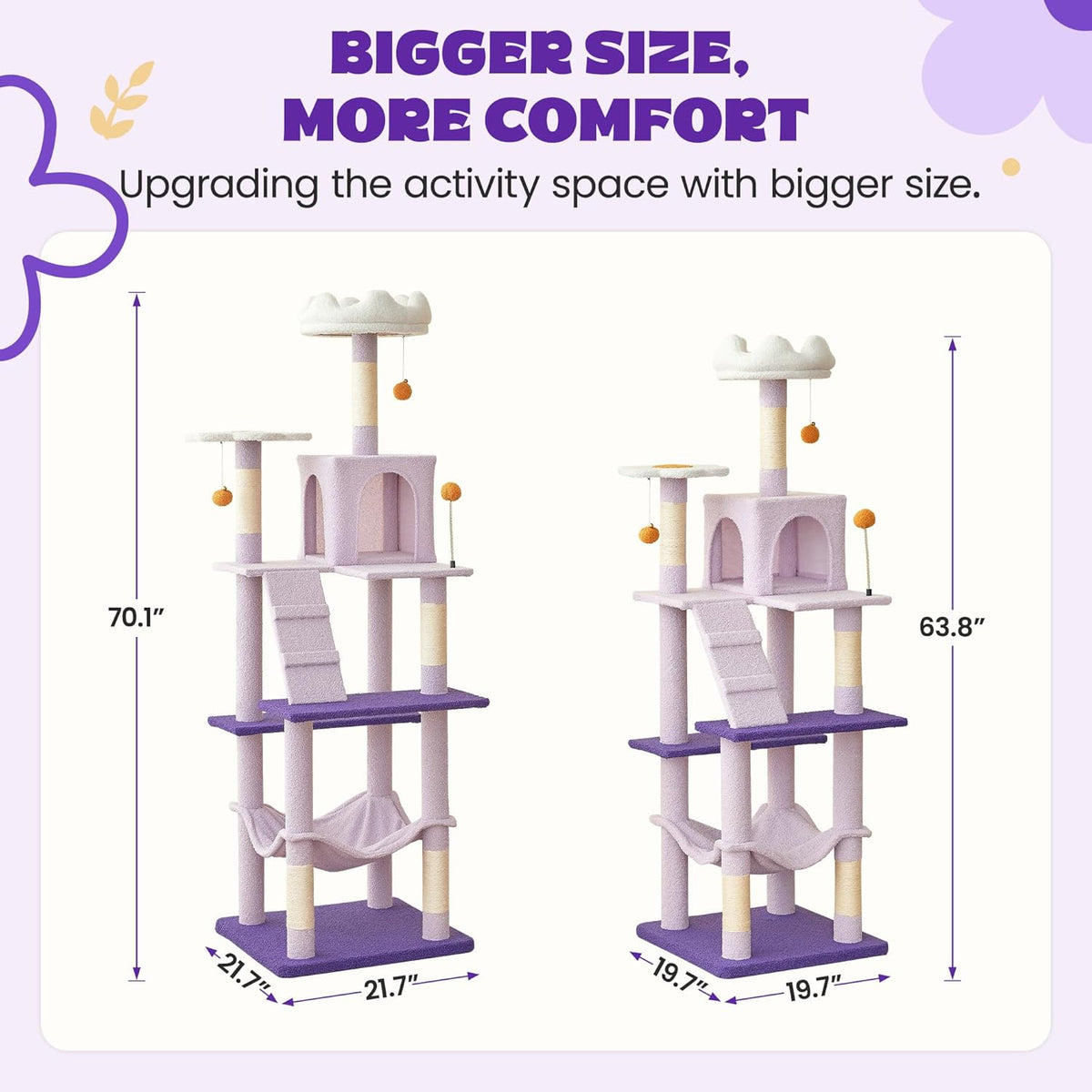 MWPO Flower Large Cat Tree, 70.1-Inch Multi-Level Tall Cat Tower for Indoor Cats, Plush Cat Condo
