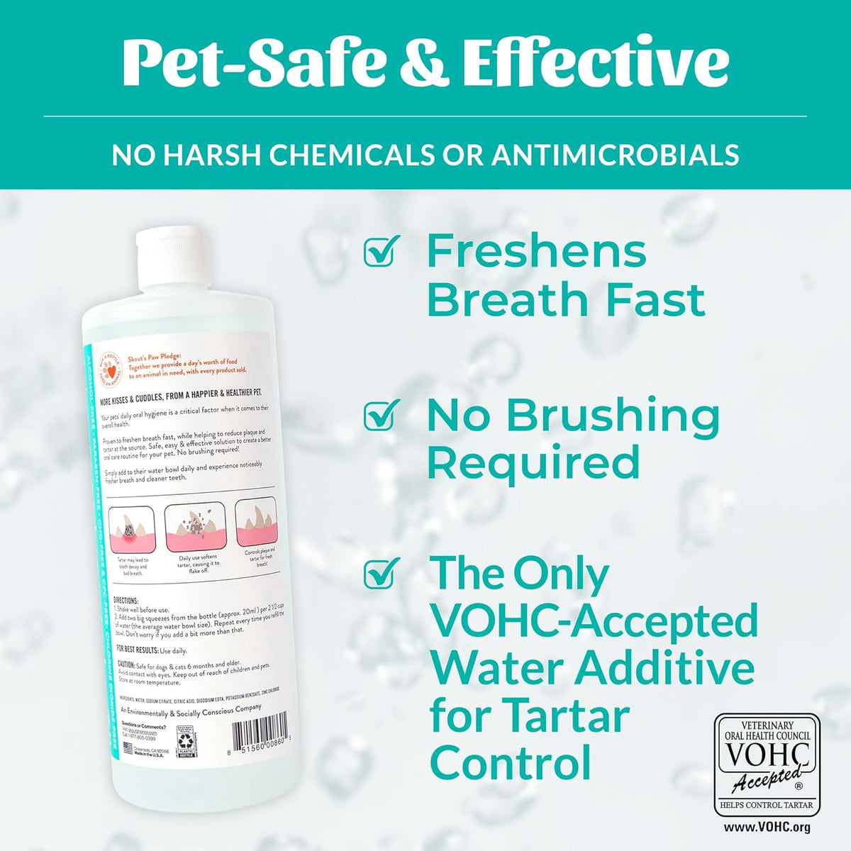 SKOUT'S HONOR Fresher Breath Water Additive for Pets - VOHC Accepted for Tartar Control, Freshens