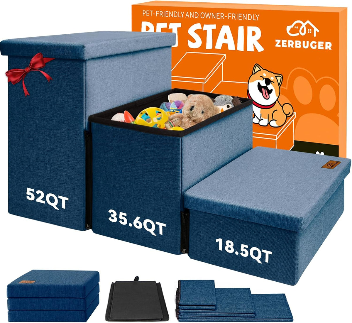 Dog Stairs with Storage 18" H, 3-Step Wider Dog Steps for Small/Medium/Large Dogs Cats, Folding