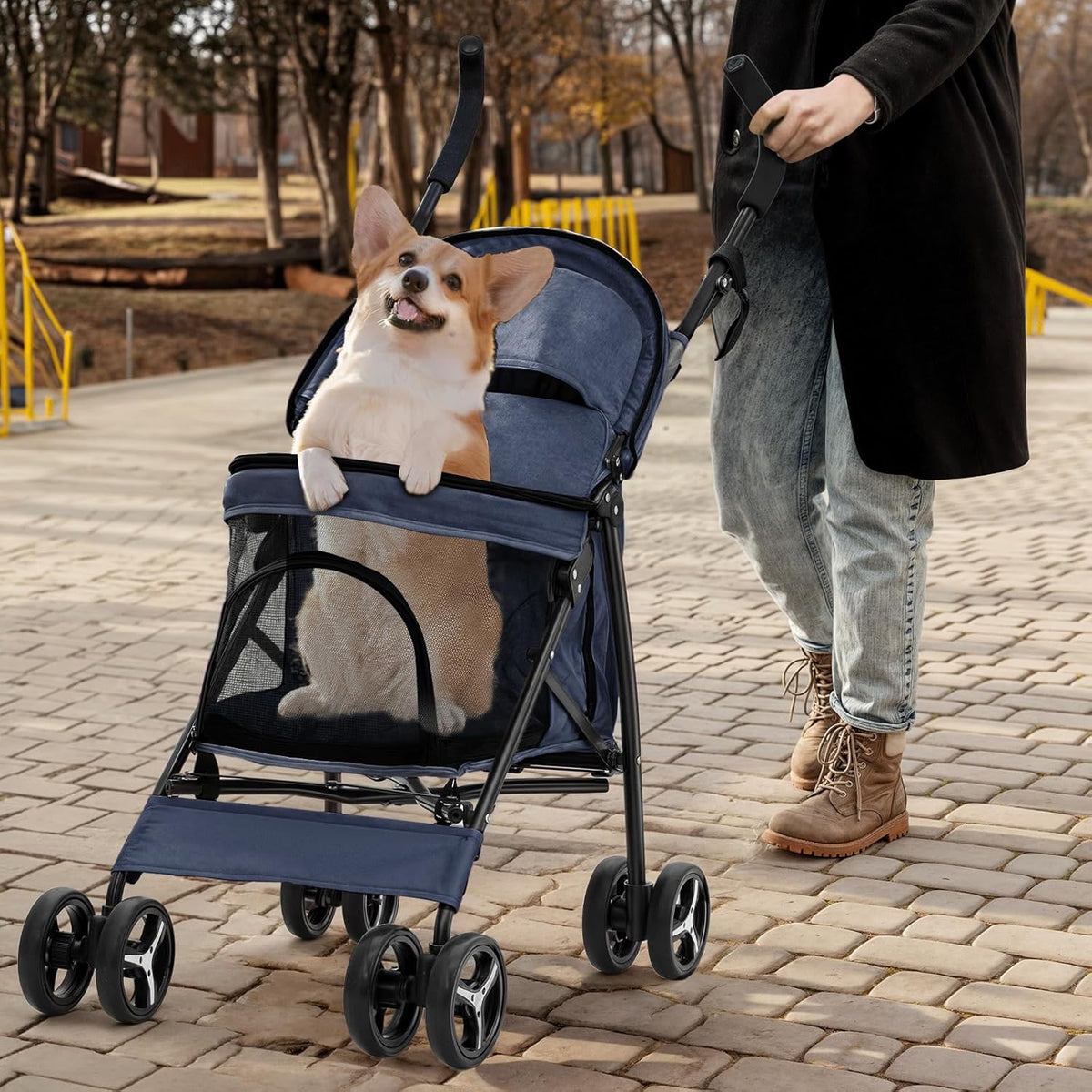 MoNiBloom 4 Wheels Pet Stroller, Easy-Fold Puppy Cage Jogger Stroller with Sun Cover, Pad and Rear