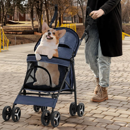 MoNiBloom 4 Wheels Pet Stroller, Easy-Fold Puppy Cage Jogger Stroller with Sun Cover, Pad and Rear