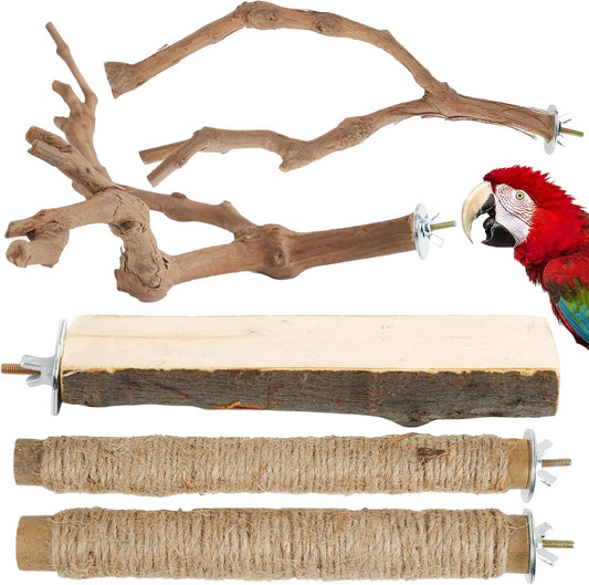 Bird Perch Stand, Pole Standing Natural Wood Bird Perch Set 5PCS Paw Grinding Fork Parrot Cage
