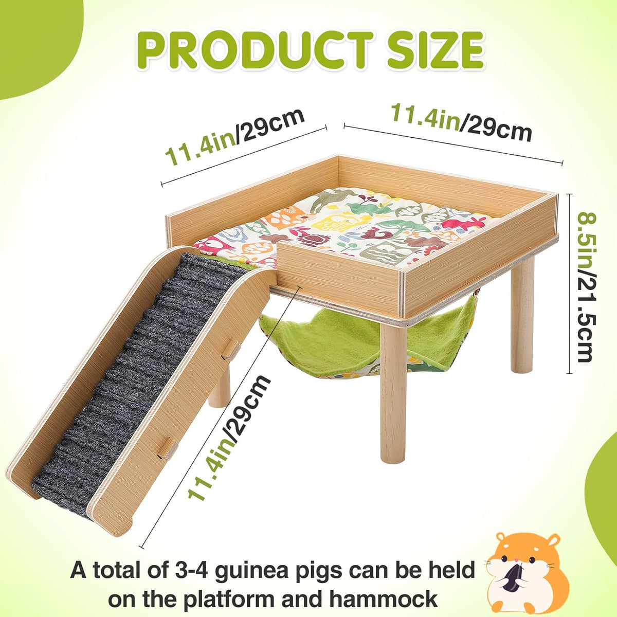 Guinea Pigs Hammock with Platform, Safe Wooden Guinea Pig Hideout with Stairs, Durable Small Pet