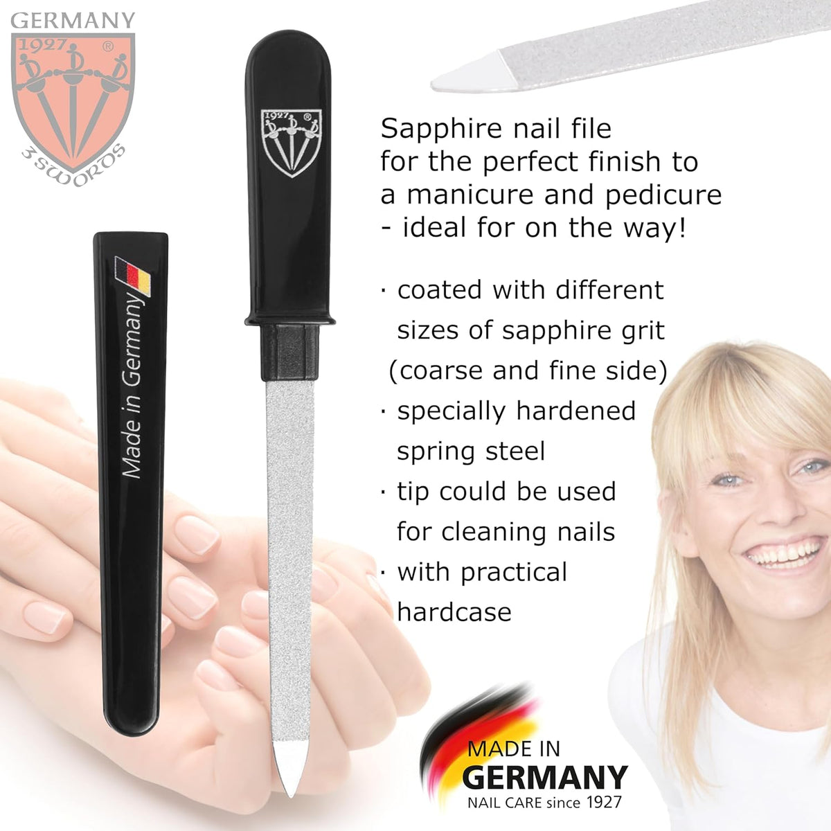 3 Swords Germany - Brand Quality Double Sided (fine & coarse) Sapphire Metal Pocket Nail File (1