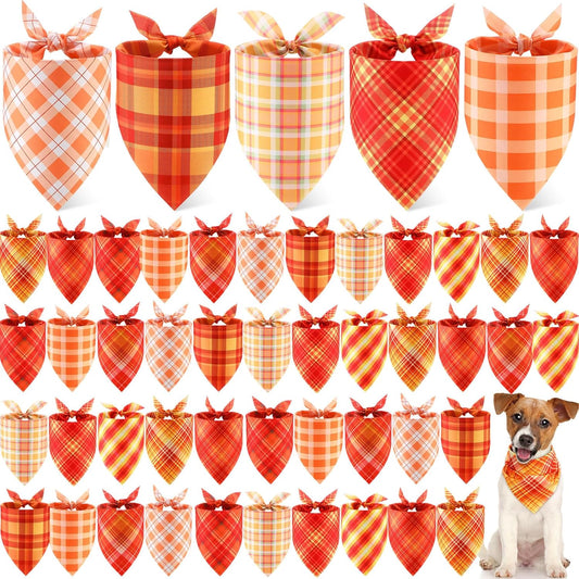 Weewooday 50 Pcs Fall Dog Bandanas Bulk Plaid Bandanas for Dogs Autumn Soft Doggie Bibs Adjustable