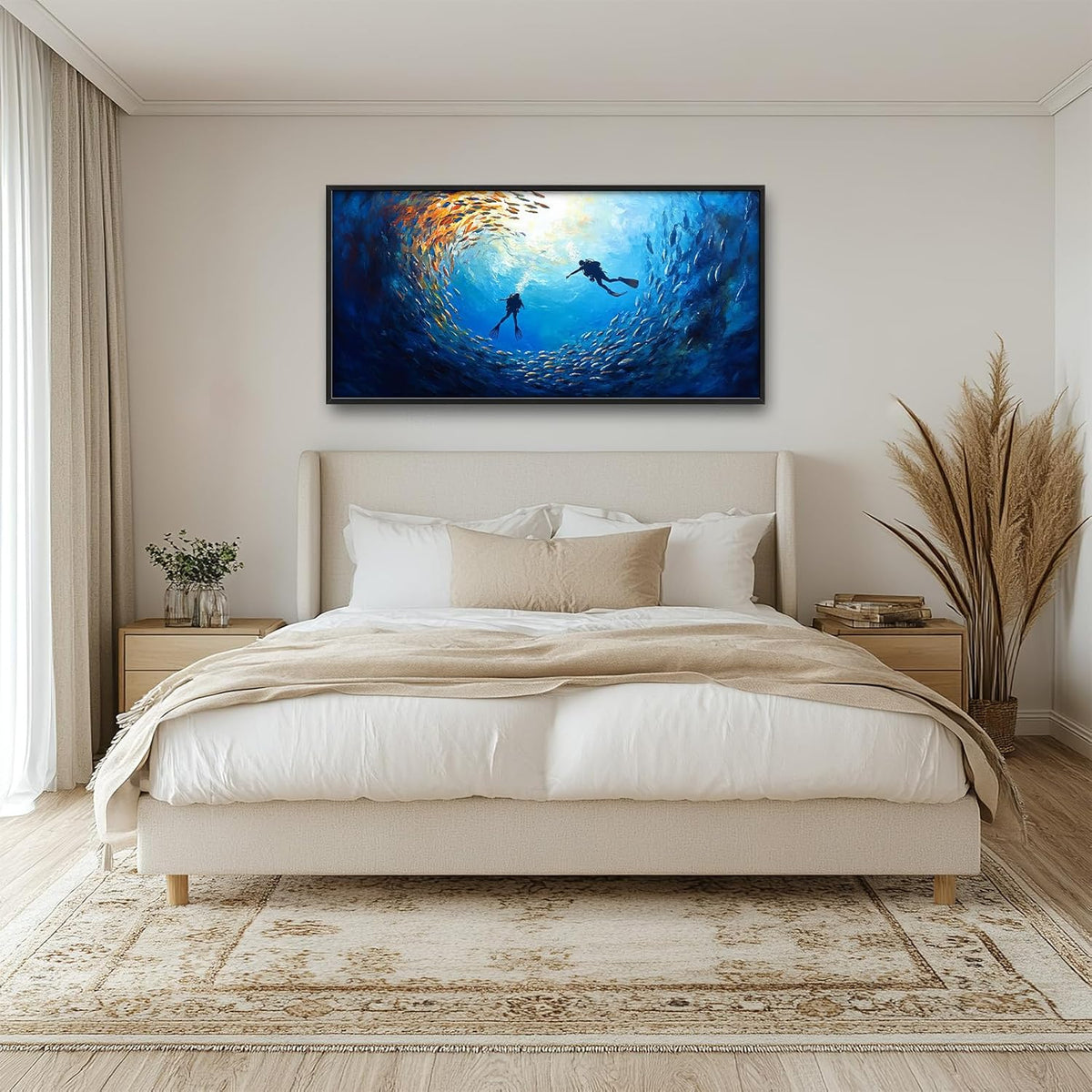 Large Ocean Diving Wall Art for Living Room, Framed Oversized Fish Wall Decor Underwater Marine