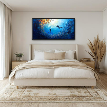 Large Ocean Diving Wall Art for Living Room, Framed Oversized Fish Wall Decor Underwater Marine