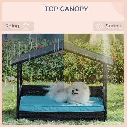 PawHut Wicker Dog House Outdoor with Canopy, Rattan Dog Bed with Water-Resistant Cushion, Raised