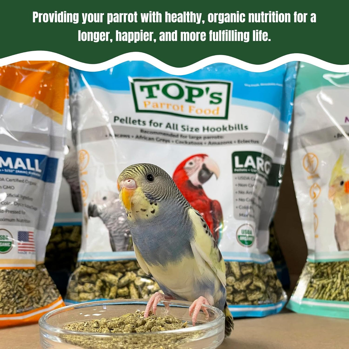 TOP's Parrot Food Pellets Hookbills, Small, Medium and Large Parrots - Non-GMO, Peanut Soy & Corn