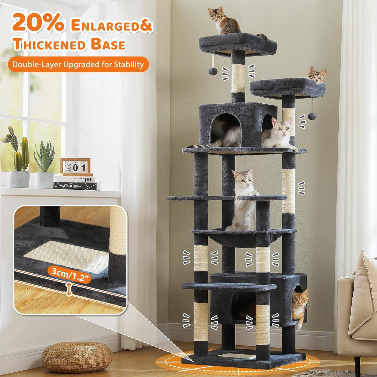 PAWZ Road Heavy Duty Cat Tree for Large Cats, 81 Inches Tall Cat Tower with 2 Perches, 2 Condos and