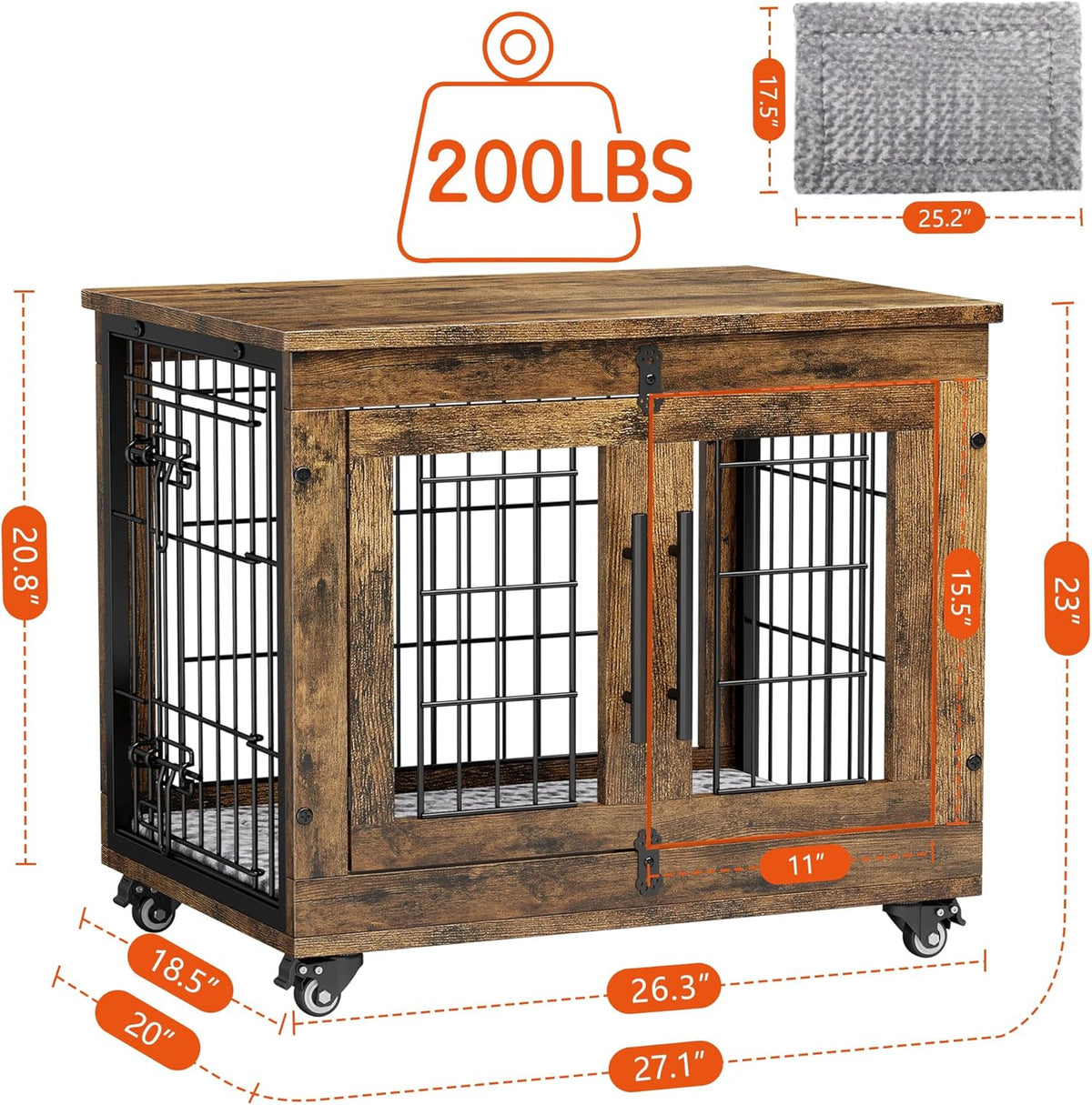 Lulive Small Dog Crate Furniture, Dog Kennel Indoor Double Doors Wooden Dog Cage, 27.1'' Heavy Duty