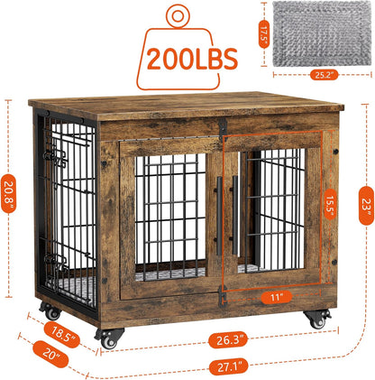 Lulive Small Dog Crate Furniture Set of 2, Dog Kennel Indoor Double Doors Wooden Dog Cage, 27'