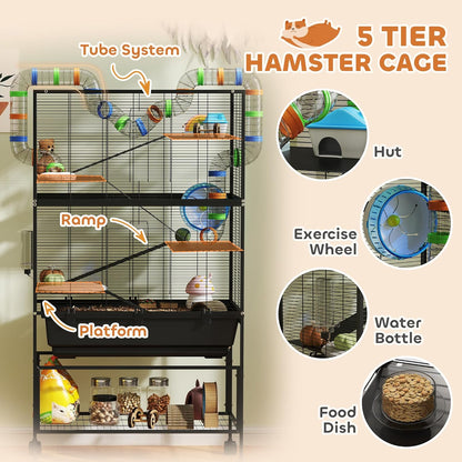 PawHut Hamster Cage with Deep Tray, 5 Tier Rolling Rat Cage with Storage Shelf, Big Exercise Wheel