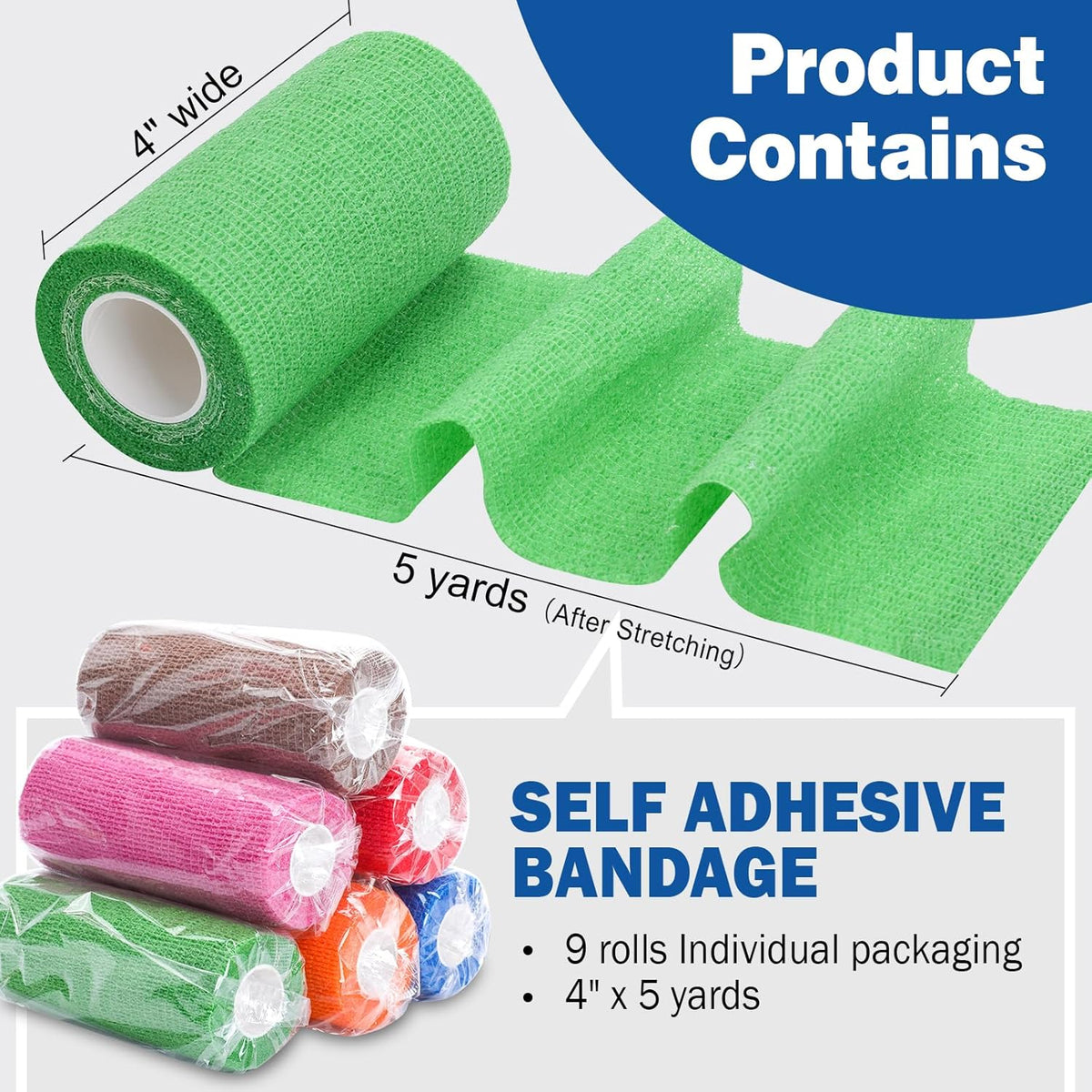 AZEN 9 Pack Self Adhesive Bandage Wrap, 4" X 5 Yards Elastic Cohesive Bandage Wrap, Color Athletic