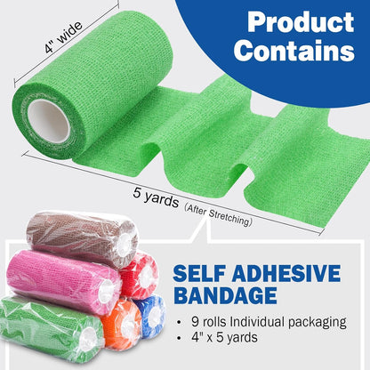 AZEN 9 Pack Self Adhesive Bandage Wrap, 4" X 5 Yards Elastic Cohesive Bandage Wrap, Color Athletic