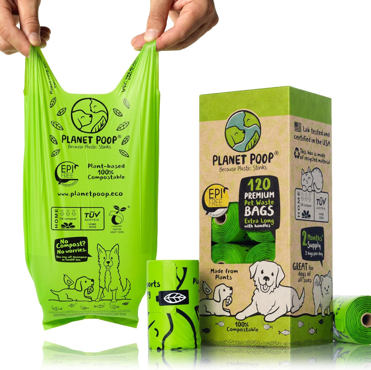 PLANET POOP Home Compostable Dog Poop Bags Extra-long with Handles 120 Un-Scented Pet Waste Bags