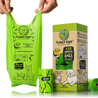 PLANET POOP Home Compostable Dog Poop Bags Extra-long with Handles 120 Un-Scented Pet Waste Bags