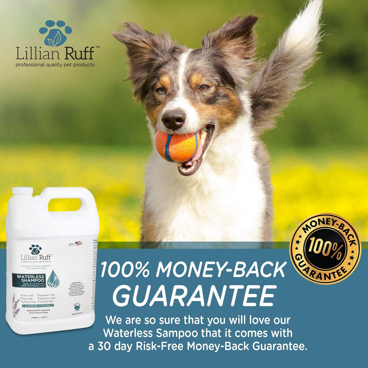 Lillian Ruff Waterless No-Rinse Dog Dry Shampoo Spray with Hydrating Essential Oils - pH-Balanced