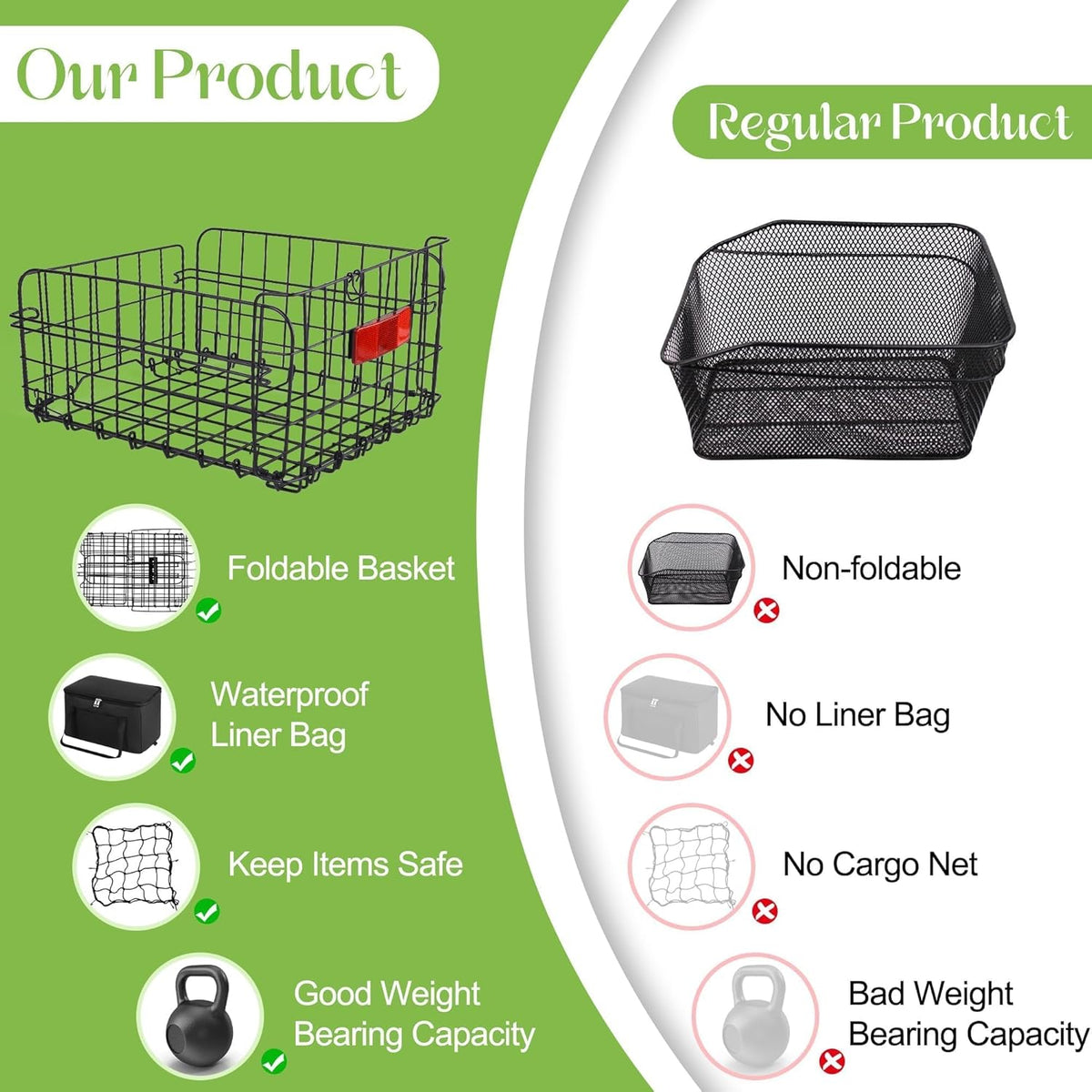 Aodaer Bike Basket with Removable Liner Bag Cargo Net Large Folding Bike Basket Quick Release Metal