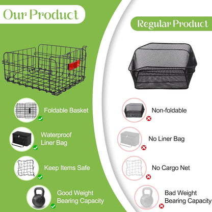 Aodaer Bike Basket with Removable Liner Bag Cargo Net Large Folding Bike Basket Quick Release Metal