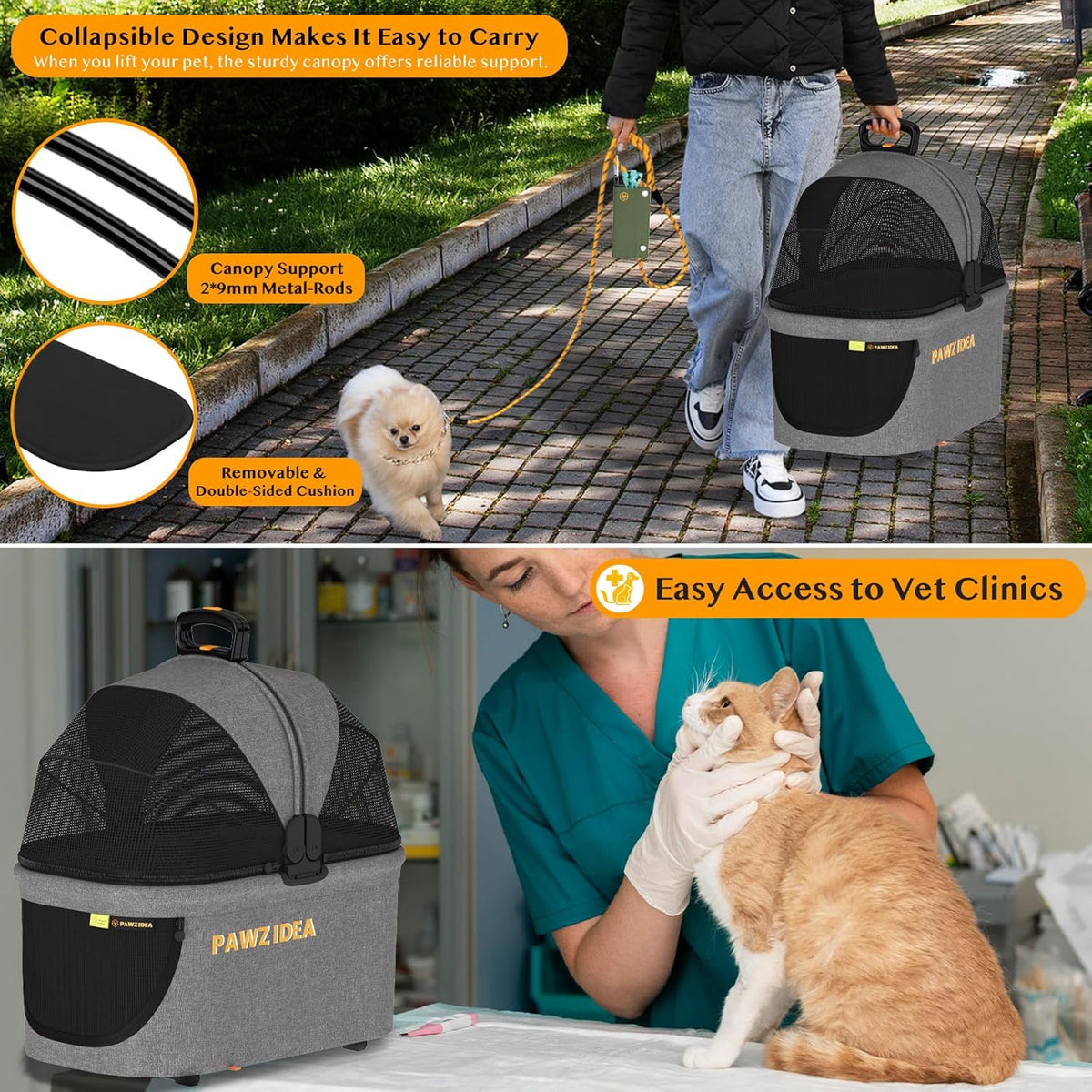 PAWZIDEA Pet Stroller 4 in 1, Dog Strollers for Small/Medium Dogs with Detachable Carrier Easy Lock