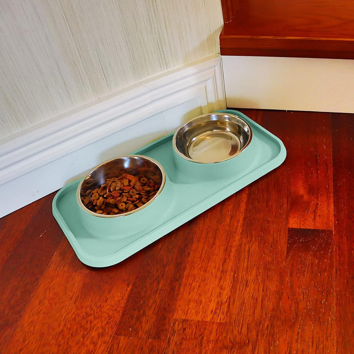 Cat Food Bowls, Cat Bowls Non-Skid and Non-Spill Silicone Pads with PP Stand, Removable Stainless