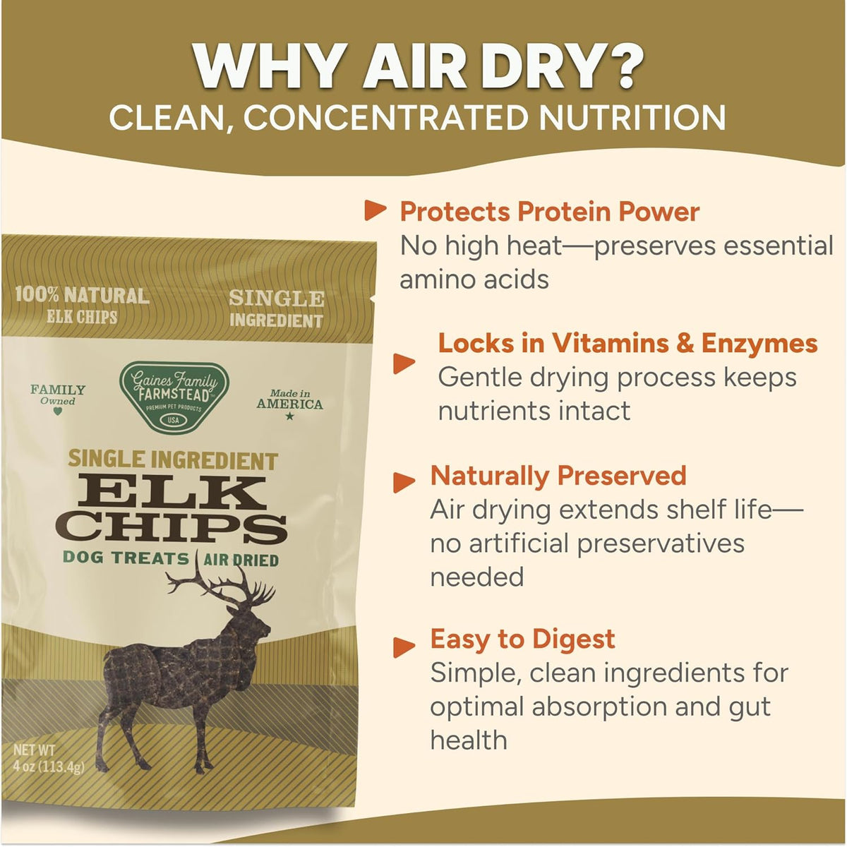 Gaines Family Farmstead Elk Chips for Dogs – 4 oz, Natural Single-Ingredient Dog Treats