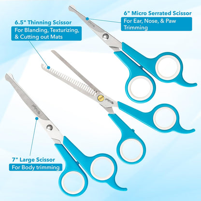 BOSHEL 3 Pc Dog Grooming Scissors Kit - 7" Scissor For Body Hair Trimming, 6" Small Micro-serrated
