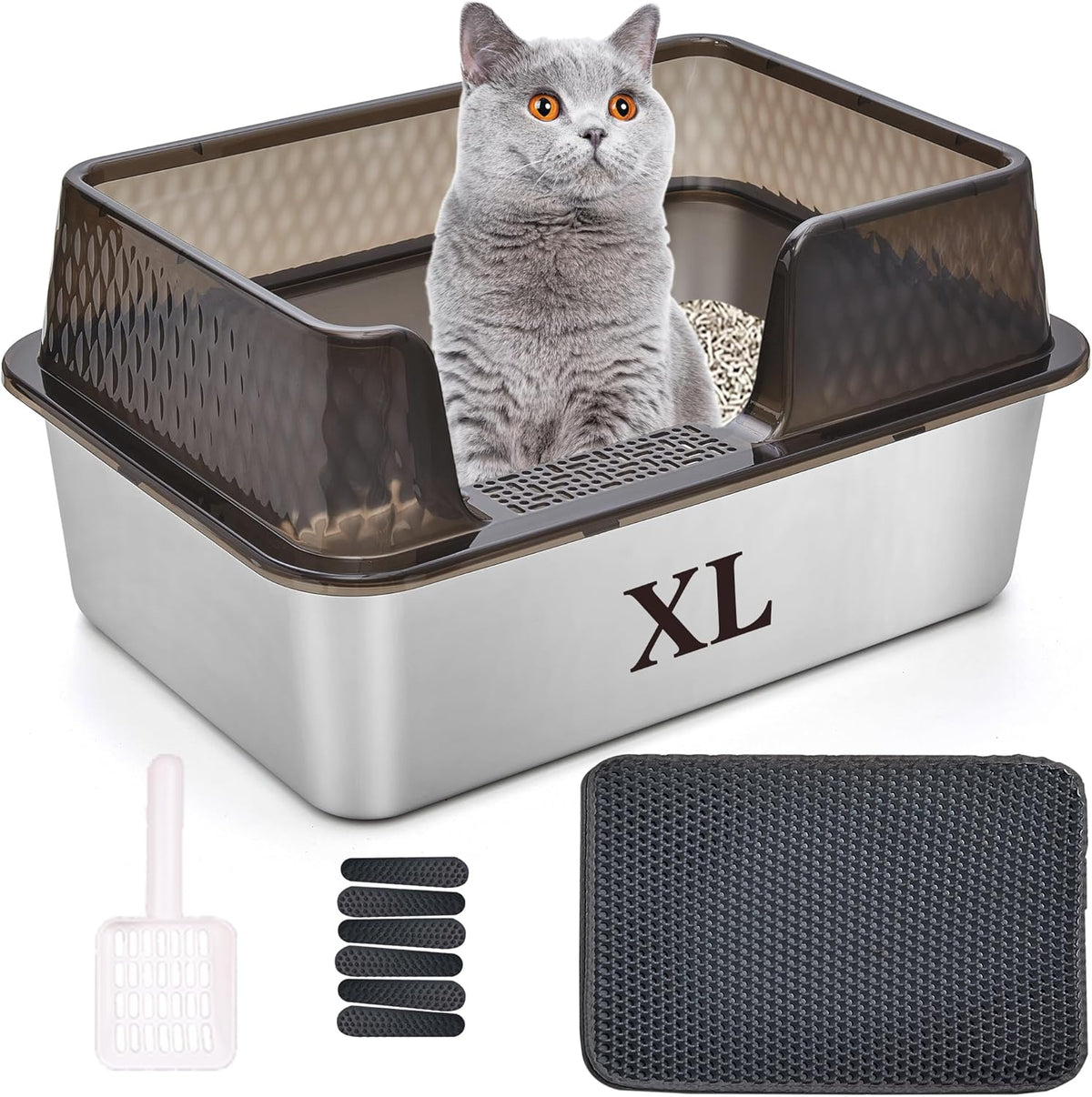 Suhaco Stainless Steel Litter Box Side Entry, Kitty Litter Mat and White Scoop Included Covered