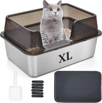 Suhaco Stainless Steel Litter Box Side Entry, Kitty Litter Mat and White Scoop Included Covered