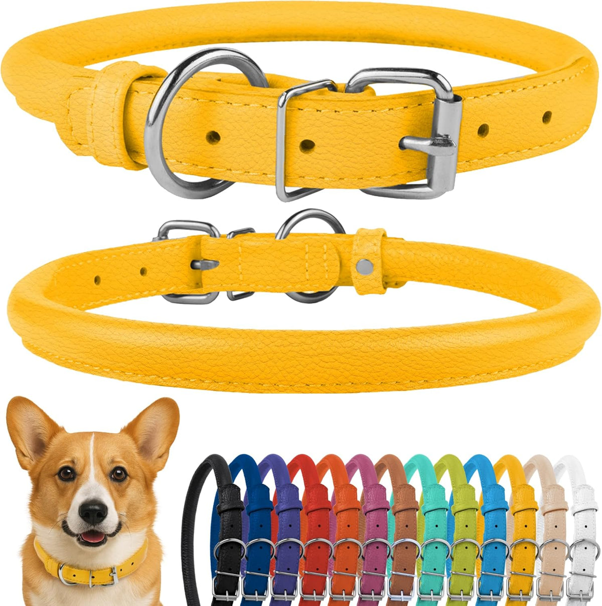 CollarDirect Rolled Leather Dog Collar, Soft Padded Round Puppy Collar, Handmade Genuine Leather