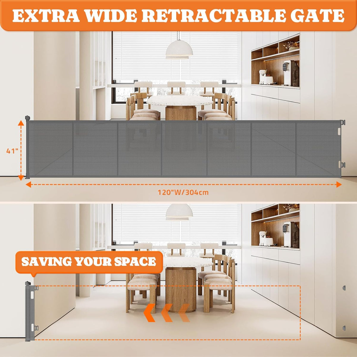 Upgrade 120" Retractable Baby Gates Extra Wide with Reinforced Strips, 10 FT Retractable Dog Gate