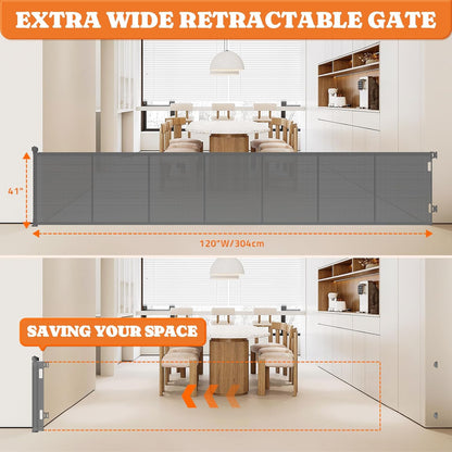 Upgrade 120" Retractable Baby Gates Extra Wide with Reinforced Strips, 10 FT Retractable Dog Gate
