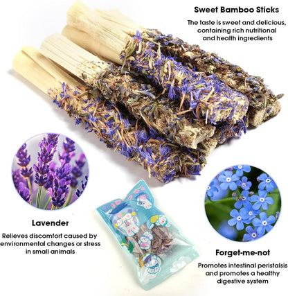 Abizoo Sweet Bamboo Rabbit Chew Sticks Treats and Toys 8Pcs Natural Hay with Forget-Me-Not Lavender