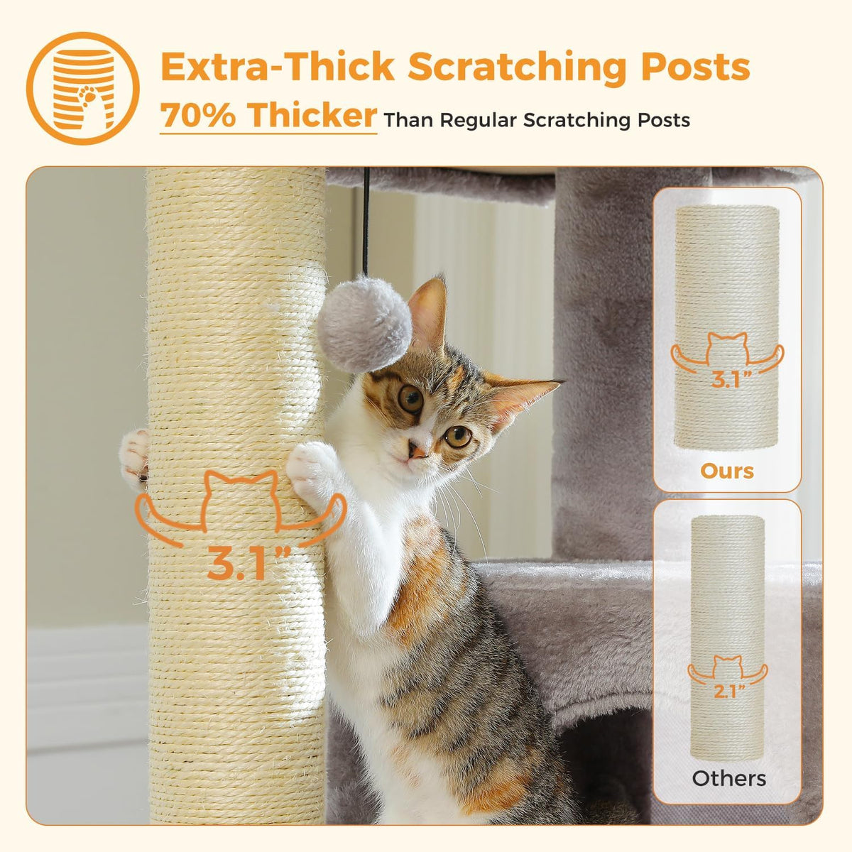 Large Cat Tree with Reinforced Scratching Posts (φ3.1in) for Big Adult Cats 30 lbs, 57.8" Heavy