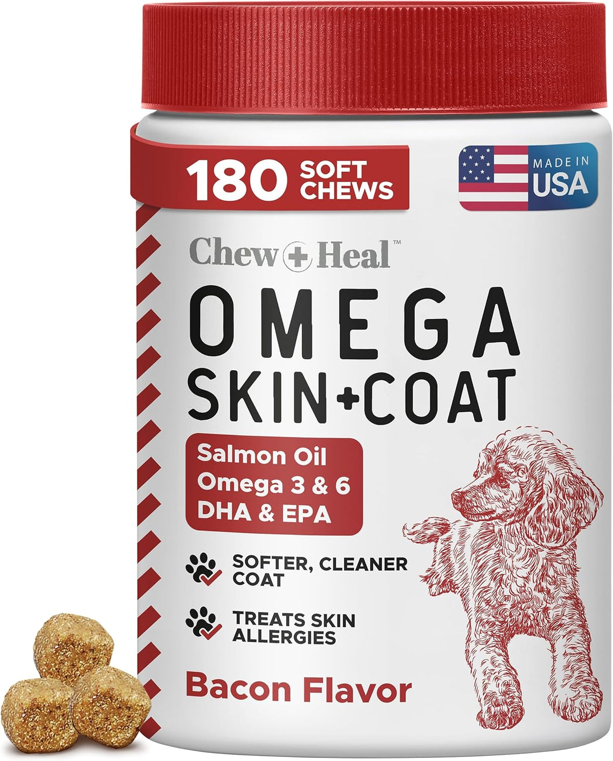 Omega for Dogs - 180 Delicious Soft Chews - Salmon Oil Treats for Skin and Coat, Itch Relief - Fish