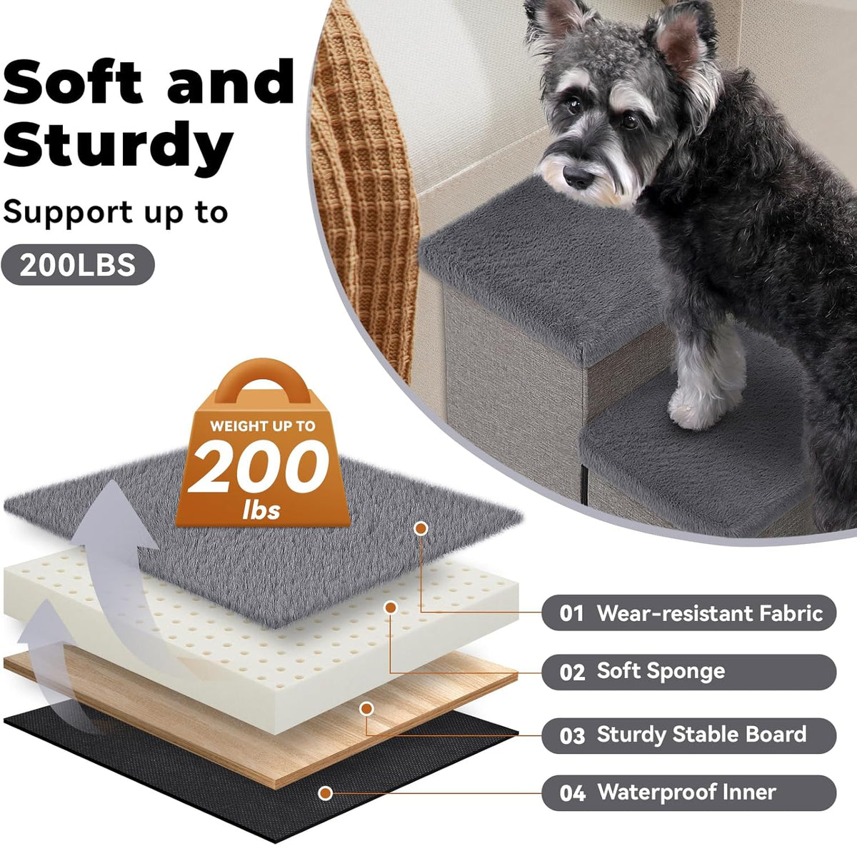 Dog Stairs with Furry Lids 18" H, 3-Step Wider Dog Steps with Storage for Small/Medium/Large Old