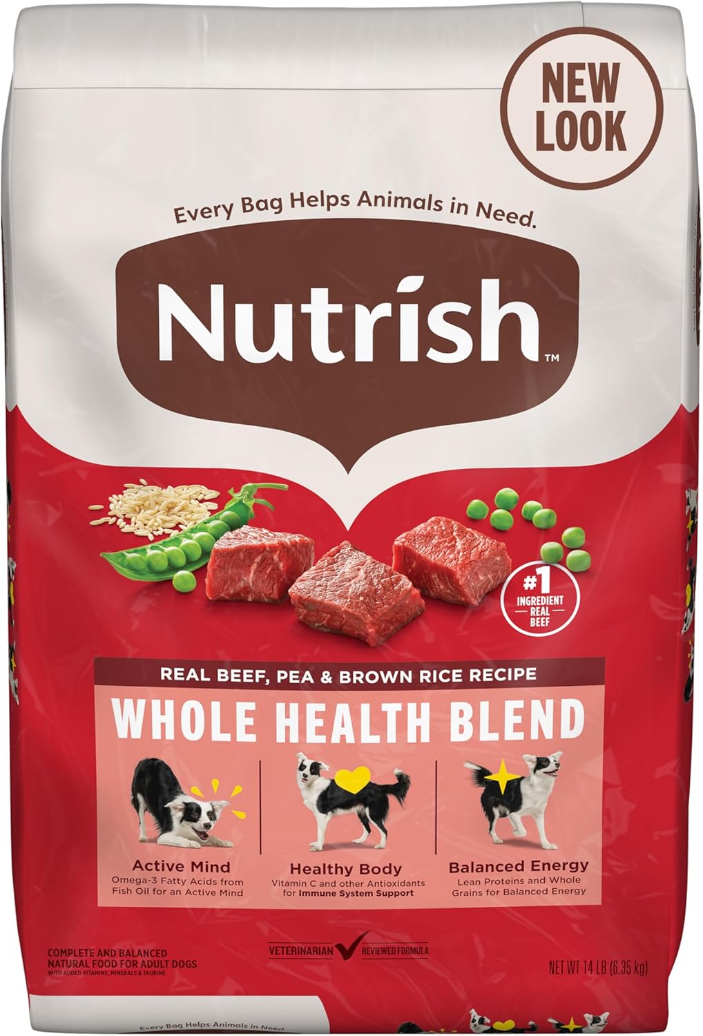 Nutrish Real Beef, Pea & Brown Rice Recipe Whole Health Blend Dry Dog Food, 14 lb. Bag, Packaging
