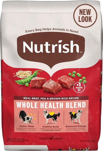 Nutrish Real Beef, Pea & Brown Rice Recipe Whole Health Blend Dry Dog Food, 14 lb. Bag, Packaging