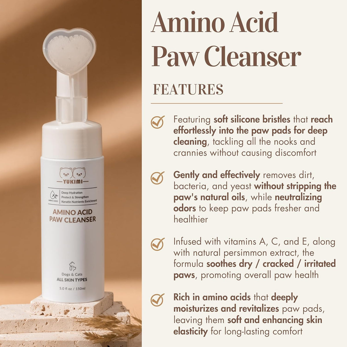 YUKIMI Premium Amino Acid Paw Cleanser with Silicone Bristle Brush for Dogs & Cats | Dermatologist