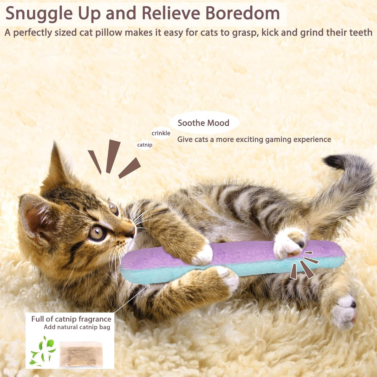 Retro Shaw Cat Toys Kicker Pillows 3Pcs, Refillable Catnip Toys with Crinkle Sound Inside