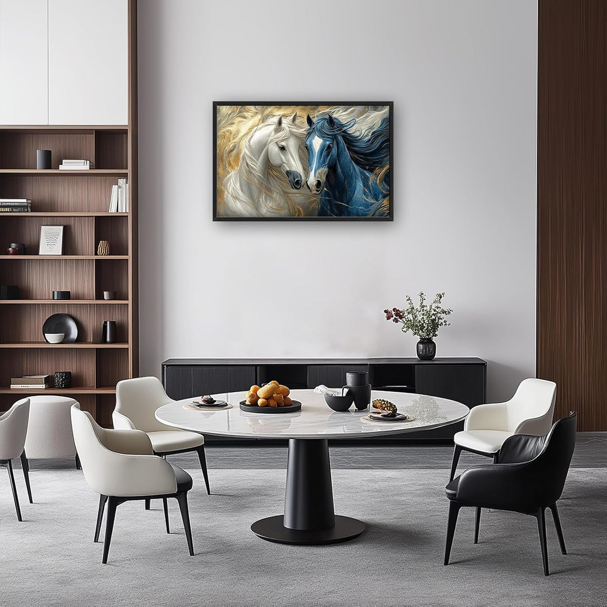 Framed Large Horse Wall Art for Living Room, Oversized Abstract Horses Wall Decor Blue and Golden