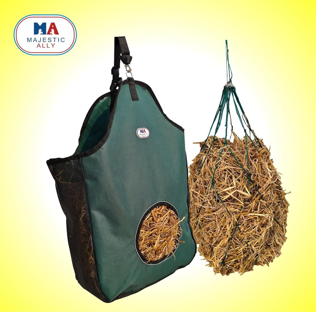 Majestic Ally 1200 D Hay Feeder Tote Bag for Horses, Sheep with Reflective Trim- Reduces Waste